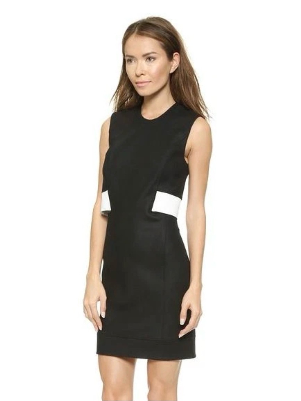 HELMUT LANG FLEX SUITING WHITE LEATHER TRIM CUT OUT WAIST BLACK DRESS SIZE 8